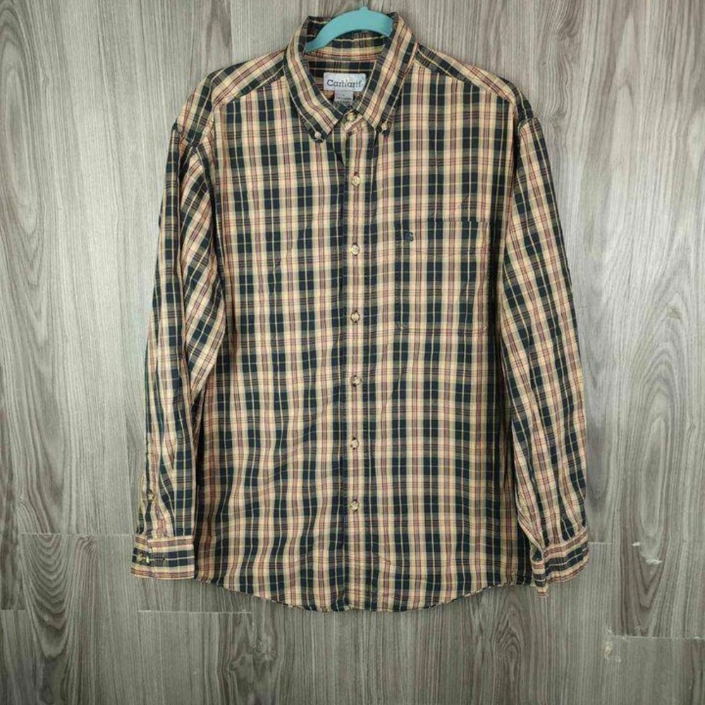 Carhartt Mens Large Plaid Button Down Shirt Long Sleeve Cotton Navy Tan Red L